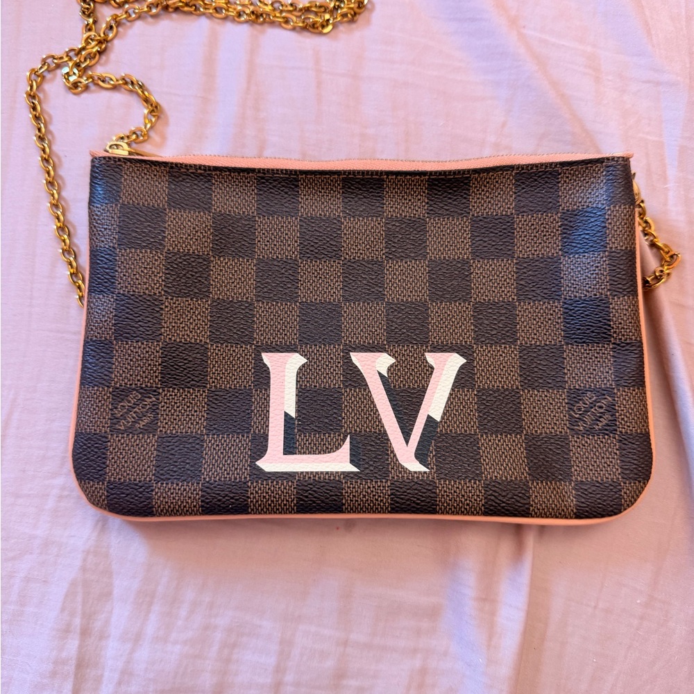 Authentic Louis Vuitton Double Zip Pochette Damier Ebene PINK LV Shoulder Chain